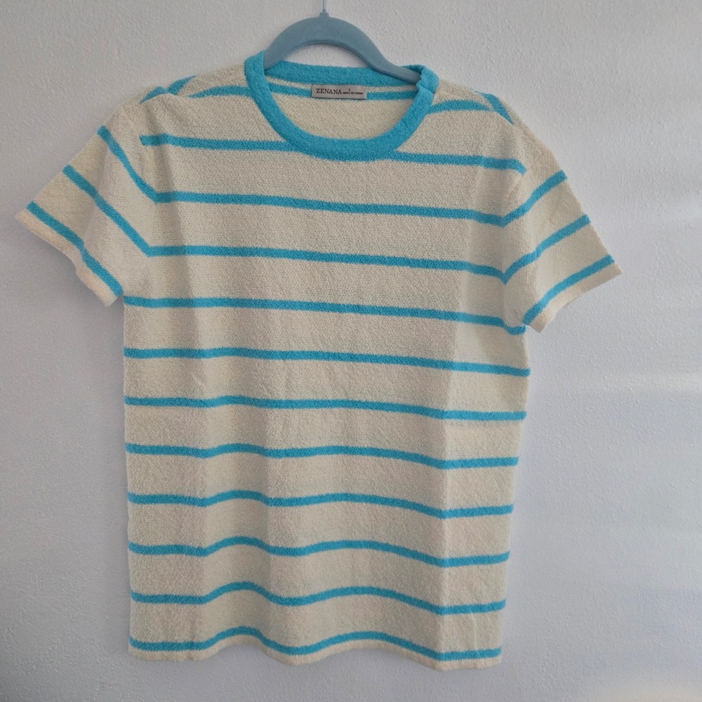 Zenana Women Turquoise Blue Striped Terry Cloth Short Sleeve Top Small TW-2697Y